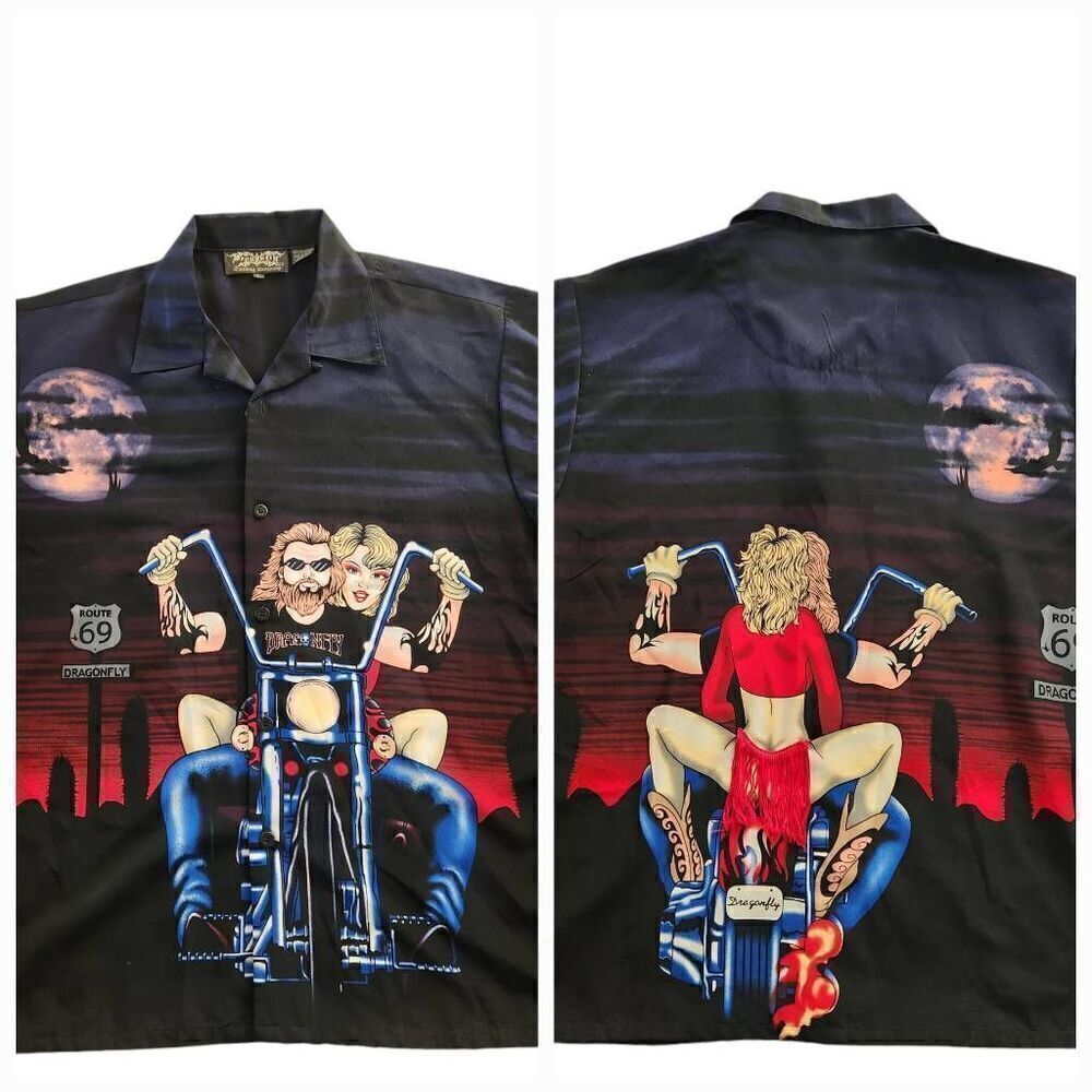 Vintage Dragonfly Graphic Shirt Mens Large Biker Babe Route 69 Motorcycle Skulls
